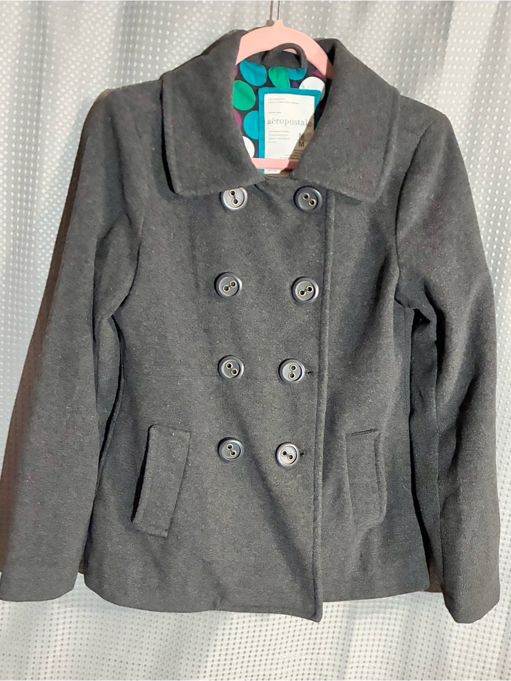 Aeropostale Women's Charcoal Wool Gray Double-Breasted Peacoat Pockets Back Slit
